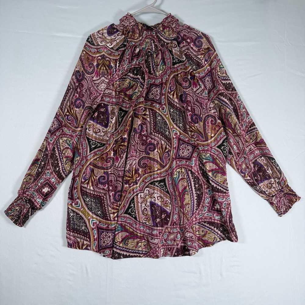 Chico's Size-3 Womens Blouse Bohemian Scrolls Smocked Mock Neck Long Sleeve
